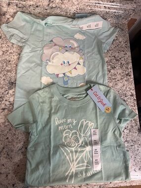 Cat & Jack Light Mint Short Sleeve Graphic Tees - Floral & Cloud Set